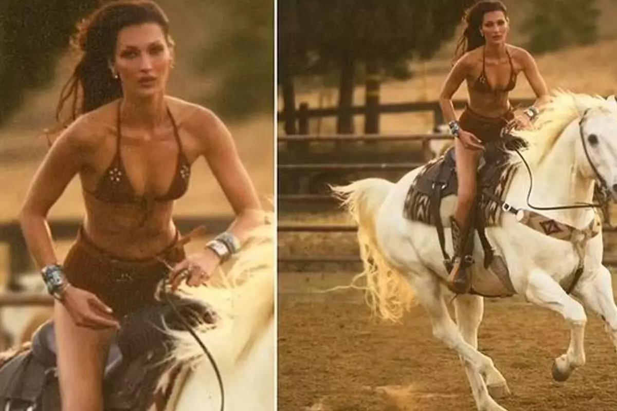 Bella Hadid, bikini üstü ve mini şortla at üzerinde poz verdi