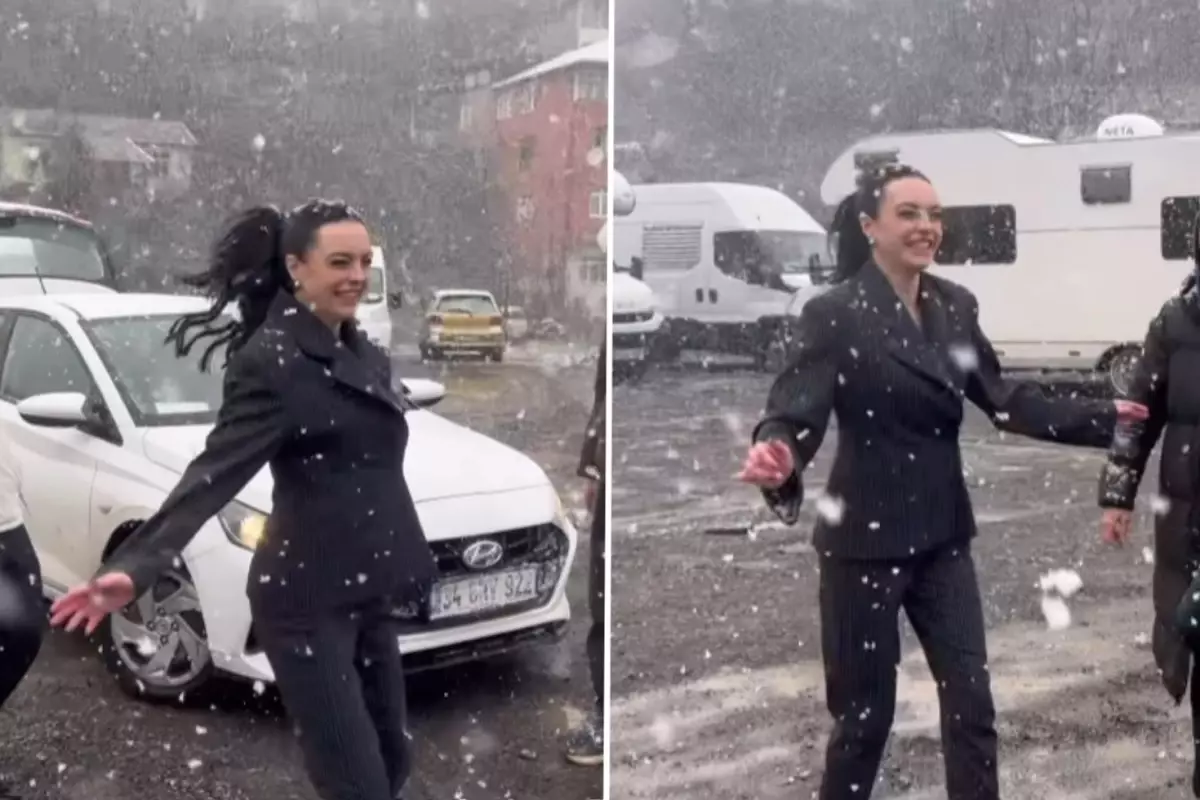 Melis Sezen'in kar sevinci: Sette çocuklar gibi eğlendi